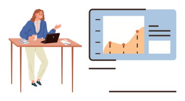 Dizüstü bilgisayarlı bir kadın büyüme çizelgelerini analiz ediyor ve ekrandaki eğilimleri açıklıyor. İş, analitik, pazarlama, sunumlar, işbirliği, uzak çalışma, basit düz metafor