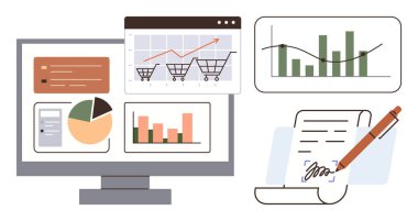Tablolar, alışveriş arabası trend çizgileri, pasta grafikleri, bar şemaları ve elektronik belge imzalı masaüstü. İş, pazarlama, e-ticaret analitik stratejisi raporları için ideal. Basit.