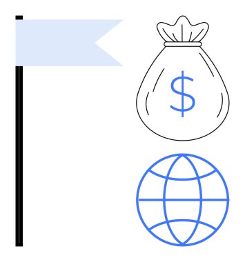 Direkte bayrak, dolar işaretli para çantası ve finansal başarıyı, başarıyı ve küresel etkiyi simgeleyen dünya ana hatları. Finans, hedefler, küreselleşme, liderlik yatırım sektörü için ideal