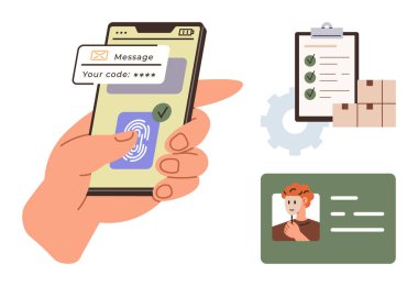 Akıllı telefonlu el, parmak izi taraması, mesaj kodu, kutulu ve teçhizatlı kontrol listesi, kimlik kartı gösteriyor. Güvenlik, kimlik doğrulama, dağıtım, lojistik, kimlik, dijital erişim için ideal