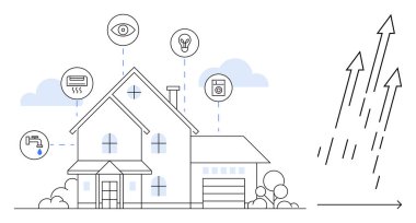 Modern ev aydınlatma, güvenlik, havalandırma ve aletler için akıllı cihazlara bağlı. Gelişmeyi temsil eden büyüyen oklar. Ev otomasyonu, IOT, teknolojik yenilik, gelecekteki verimlilik eğilimleri için ideal