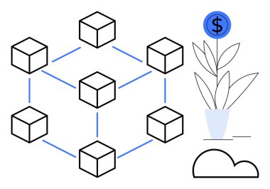 Ağ küpleri, sembolize eden blok zinciri, dolar işareti büyüme konsepti olan bitki, aşağıda bulut elementi. Teknoloji, finans, yenilik, bulut depolama, ademi merkeziyet, büyüme için ideal