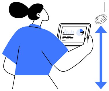 Tableti çizelge ve grafiklerle tutan kadın, yükselen madeni parayı gözlemlerken finansal büyümeyi simgeliyor. Finans, yatırım, analitik, başarı, teknoloji, ekonomi ve iş için ideal. Basit düz