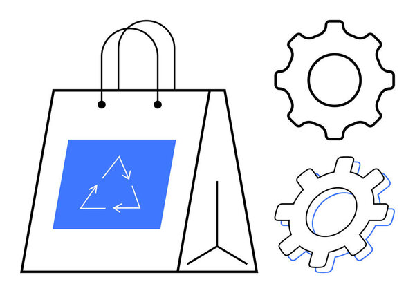 Shopping bag with recycling symbol flanked by two mechanical gears. Ideal for sustainability, eco-products, manufacturing, recycling, green initiatives, conscious consumerism, environmental