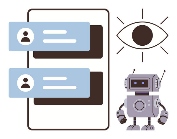 Робот с интерфейсом обмена сообщениями, пользовательскими сообщениями и глазом, фокусирующимся на взаимодействии. Идеально подходит для AI-коммуникаций, автоматизации, роботов, приватности, слежки, инноваций цифровой этики. Современная квартира