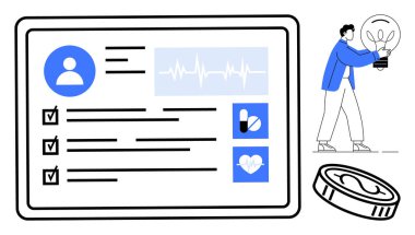 Kullanıcı profili, tıbbi kontrol listesi, hap ve kalp ikonları içeren tablet ekranı, kalp atışı grafiği. Elinde ampul tutan kişi fikri sembolize ediyor. Sağlık, yenilik ve veri yönetimi için ideal