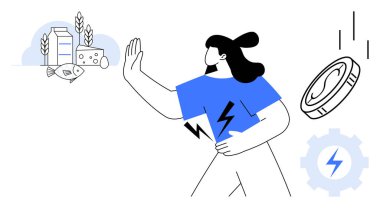 Yiyeceklere karşı hareket eden kadın enerji verimliliğini kucaklarken süt ürünleri, balık ve tahılları da parmakla parmakla gösteriyor. Sağlık, enerji, tercihler, yaşam tarzı, sürdürülebilir yaşam, ekonomi karar verme mekanizması için ideal