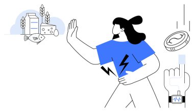 Süt, peynir, balık ve tahıllara doğru hareket eden kadın. Sağlık monitörlü dijital el glikozu izler. Sağlık, beslenme, alerji, diyet sağlığı önleme için idealdir.