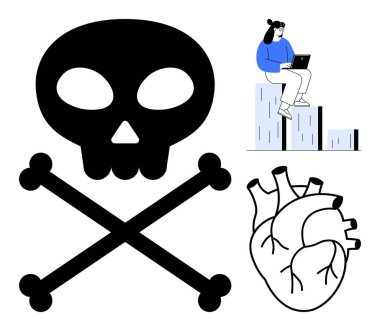 Kafatası ve çapraz kemikler, detaylı insan kalbi, bar çizelgesinde dizüstü bilgisayarla oturan kişi. Sağlık riskleri, karar verme, tıbbi analiz, ölüm oranı, iş-yaşam dengesi, zehirlilik başarısı için idealdir.