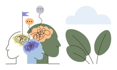 Düşünceleri, konuşma baloncuklarını, yapraklara bitişik bir bayrağı ve bulutu tasvir etmek için birbirine dolanmış çizgileri olan soyut insan kafaları. Sağlık, zihinsel berraklık, doğa bağlantısı, farkındalık için ideal.