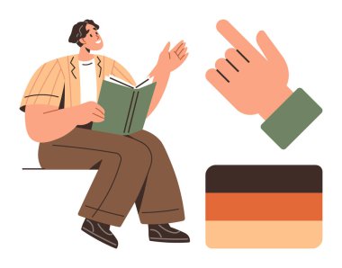 Genç adam kitap okuyor ve el işaretleri ve çizgili renk paletinin yanında el hareketi yapıyor. Eğitim, öğrenme, ifade, iletişim, yaratıcılık ve rehberlik için ideal. Basit düz