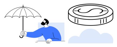 Korunmayı sembolize eden bir şemsiyeye sahip olan adam, maddi durumu ve belirsizlik bulutunu temsil ediyor. Sigorta, finans, tasarruf, güvenlik, risk, yatırım istikrar kavramları için idealdir. Basit.