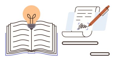 El yazısı kağıt ve kalemle eşleştirilmiş parlak ampullü, yaratıcılığı simgeleyen açık bir kitap. Eğitim, yazma, yaratıcılık, bilgi, yenilik, edebiyat, basit bir ilham için ideal