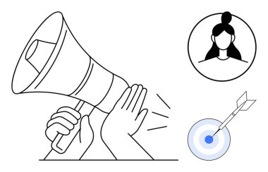 Elleri megafon, profil avatarı ve ok ile hedef kavramsal olarak pazarlamayı temsil ediyor. Bağlantı, seyirci bağlantısı, hedef başarısı, promosyon, kişiselleştirme, basit bir dairede ulaşım.