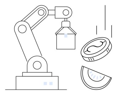 Bozuk para ve parçalı parçaları yönetmek ve işlemek için çalışan robot kol. Otomasyon, robot bilimi, verimlilik, üretim, imalat, teknoloji, yenilikçi süreçler için ideal. Basit bir düz metafor.