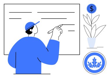 Odaklanmış duruşu olan beyaz tahtaya yazı yazan kişi. Yakınlarda büyümeyi ve finansmanı sembolize eden bir para fabrikası ve yaprak motifli bir başarı rozeti bulunuyor. Eğitim ve strateji için ideal