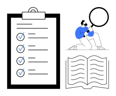 Tahtasında kene izleri olan görev listesi, büyüteçle inceleme yapan kişi, açık kitap. Planlama, analiz, organizasyon, araştırma, eğitim verimliliği incelemesi için ideal. Basit düz