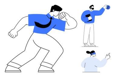 Kararlılıkla yürüyen kendine güvenen bir işadamı, verileri analiz eden bir adam ve bir fikir sunan bir kadın. İş dünyası, liderlik, yaratıcılık, takım çalışması, strateji, eğitim yeniliği için ideal