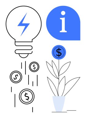 Yıldırımlı ampul bozuk para, bilgi balonu ve para çiçekli büyüme bitkisi yayıyor. Yenilik, yaratıcılık, finans, sürdürülebilirlik, enerji, öğrenme ve iş büyümesi için ideal