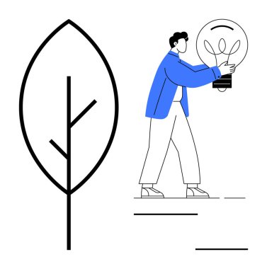 Minimum yaprak ikonunun yanında fikirleri, sürdürülebilirliği ve yaratıcılığı sembolize eden büyük ölçekli ampul taşıyan kişi. Yenilik, sürdürülebilirlik, çevre, büyüme, enerji, yaratıcılık için ideal