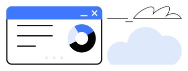 Bir bulutun yanında pasta grafiği, metin ve sekmeleri gösteren veri paneli. Teknoloji, veri analizi, bulut bilgisayarı, web tasarımı, dijital yönetim için ideal, çevrimiçi depolama basit düz metaforu