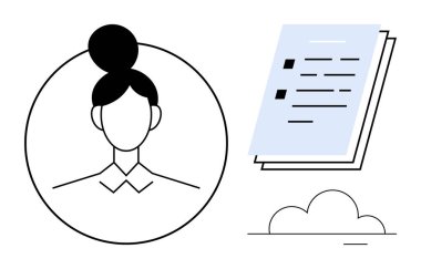 Üst üste yığılmış belgeler ve biçimlendirilmiş bulut olan bir dairede kadın profil avatarı. Dijital kimlik, kişisel veri, bulut depolama, çevrimiçi profiller, HR sistemleri, eğitim veya evrak işleri için ideal. Basit.