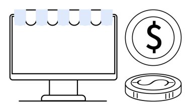 Depo önü güneşlikli bilgisayar monitörü, dolar ve e-ticareti temsil eden madeni para simgeleri, çevrimiçi perakende satış, dijital işlemler. E-ticaret, finans, dijital iş, çevrimiçi alışveriş için ideal