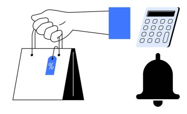 Alışveriş ve anlaşmaları simgeleyen indirimli etiketli el çantası, bütçe hesaplama makinesinin yanında ve uyarı ya da uyarı zili. Perakende, e-ticaret, indirimler, satışlar için ideal