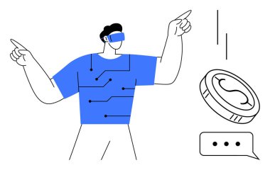 VR kulaklık takan kişi, dijital arayüz, kripto para ve teknik devrelerle etkileşimde. Teknoloji, yenilik, fintech, engelleme zinciri, sanal gerçeklik dijital ekonomi için ideal