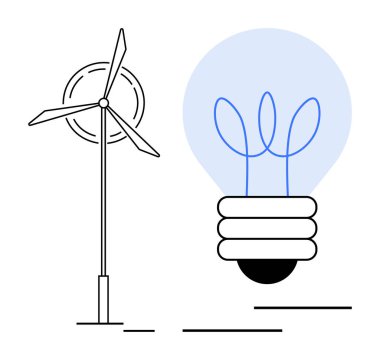 Rüzgar türbini, temiz enerji üretimini, sürdürülebilirliği ve ekolojik yeniliği temsil eden yanan ampulün yanında. Yeşil enerji, teknoloji, yenilik, iklim değişikliği, sürdürülebilirlik için ideal