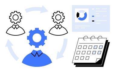 İşbirliğini, analitik gösterge panelini ve takvimi temsil eden dişliler takım iş akışını, proje planlamasını ve zaman yönetimini sembolize eder. Takım çalışması, iş, verimlilik ve işbirliği için ideal