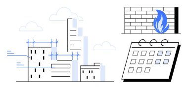 Planlı gökdelen inşaatı, alevli güvenlik duvarı grafiği ve işaretli tarihli takvim. İnşaat planlaması, siber güvenlik, kentsel tasarım, proje zaman çizelgeleri, altyapı için ideal