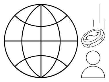 Şebeke çizgileri olan dünya, zenginliği simgeleyen madeni para ve izleyiciyi sembolize eden kullanıcı. Küresel iş için ideal, çevrimiçi ticaret, ekonomi, zenginlik, kullanıcı bağlantısı, yatırım sade düz metafor