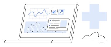 Sağlık hizmetleri haçı ve bulutun yanında grafikler, tablolar ve analitik verileri gösteren dizüstü bilgisayar. Analiz, teknoloji, sağlık, yenilik, araştırma, tıbbi ilerleme dijital araçları için ideal