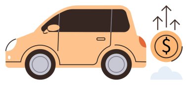 Yukarı doğru hareket eden okları ve yükselen otomotiv masraflarını temsil eden bir dolarlık bozuk parası olan küçük turuncu bir araba. Finans, fiyatlandırma, enflasyon, bütçe, satış, yatırım, ulaşım temaları için ideal