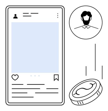 Avatarlı gezici posta düzeni, yukarı düğmesi, ve yazı, gelir simgesi olarak yüzen para. Sosyal medya, para, ağ, çevrimiçi kimlik, kullanıcı etkileşimli dijital ekonomi için ideal