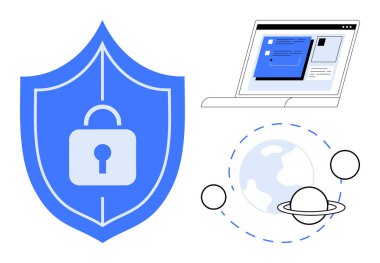 Kalkanda asma kilit, dizüstü bilgisayar, yörüngeye bağlı küre koruma, bağlantı ve küresel etkileşimi sembolize ediyor. Siber güvenlik, dijital güvenlik, internet koruması, gizlilik küresel için ideal