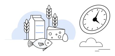 Süt kutusu, peynir, balık, yumurta, buğday kulağı ve saatin yanında beslenme, zaman ve dengeyi simgeleyen bulut. Diyet planları için ideal yemek hazırlama zamanı yönetimi sürdürülebilirlik sağlıklı alışkanlıklar