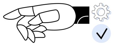 Robotik el hareketi vites simgesi ve işaretin yanında. Teknoloji, robot bilimi, yenilik, verimlilik, otomasyon, yapay zeka, gelecek tasarımı için ideal. Basit düz metafor