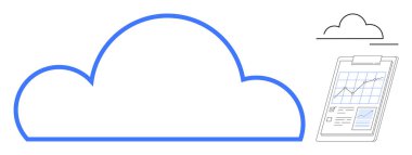 Veri grafikleri ve grafikleri içeren, analizi, depolamayı ve teknolojik ilerlemeyi temsil eden panonun yanında bulut simgesi. Veri güvenliği, bulut hesaplama, analitik, bilişim ve iş büyümesi için ideal