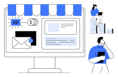 Reklam, e-posta, madeni para ve içerik elemanlarının olduğu bilgisayar ekranı bir vitrin tentesinin altında. Verileri ve stratejileri analiz eden iki kişi. Pazarlama, analitik, e-ticaret, planlama yeniliği için ideal