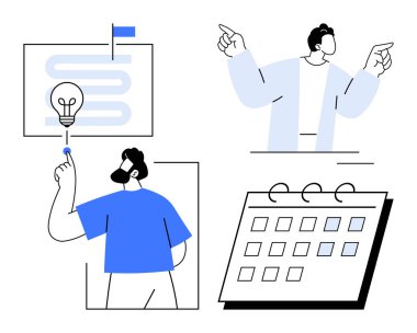 Zaman çizelgesindeki ampulü gösteren adam, yön tarifi yapan şahıs ve takvim çizelgesi. Proje planlaması, beyin fırtınası, organizasyon, verimlilik, strateji takım çalışması için ideal. Basit.