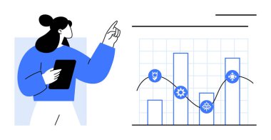 Elinde tablet tutan bir kadın bar çizelgeleri ve bağlantılı veri noktalarıyla grafiğe bakıyor. Analiz için ideal, veriye dayalı kararlar, sunum, eğitim, strateji, teknoloji, basit düz metafor