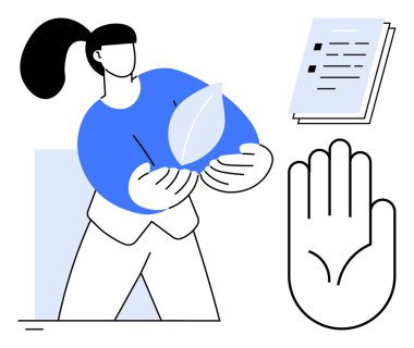 Çevresel bilinç ve özen için bir metafor olarak bir yaprak sunan kadın, bir belgenin yanı sıra güven, sorumluluk ve etik eylemleri sembolize eden açık bir el. Çevre ve güven için ideal