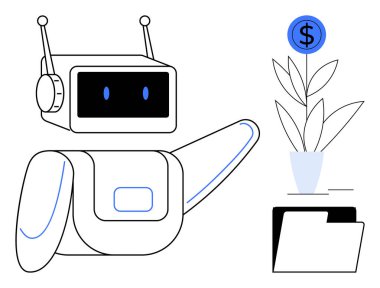 Robot esrar fabrikasında para yetiştirme, dolar işareti büyümesi ve klasörle ilgileniyor. Finans, yapay zeka, teknoloji, otomasyon, yatırım yenilikçiliği iş geliştirme için idealdir. Basit düz metafor