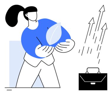 Elinde yaprak tutan bir kadın, yükselen oklar, ve ekolojik bilinç gelişimini sembolize eden bir evrak çantası, sürdürülebilir iş fikirleri. Sürdürülebilirlik, büyüme, iş, çevre ve yenilik için ideal