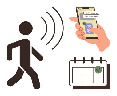 Temassız erişim dalgaları, parmak izi okuyuculu telefon ve onay mesajı olan bir kişi, işaretli takvim. Güvenlik, biyometri, planlama, zamanlama, kolaylık ve dijital için ideal