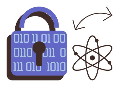 Atomik yapı sembolü ve değiş tokuş oklarının yanında ikili kodlu dijital kilit. Siber güvenlik, veri şifreleme, bilim, kuantum hesaplama, teknoloji, araştırma ve yenilik için ideal