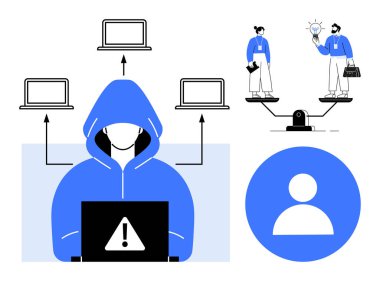 Kapüşonlu bilgisayar korsanı uyarı alarmıyla çalışıyor, dört bağlantılı cihaz, tartılmış etik denge terazisi. Siber güvenlik, hackleme, mahremiyet, dijital etik ve çevrimiçi güvenlik için ideal