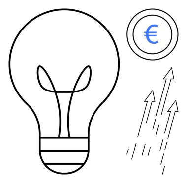 Fikirler için ampul, finans için Euro madeni para ve büyüme için yukarı doğru oklar. Yenilik, finans, başarı, girişimcilik, yaratıcılık gelişimi ve yatırım kavramları için idealdir. En düşük düz